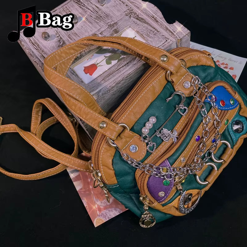 Women Retro Shoulder Bags Fashion Ornament Gem Pin PU Leather Crosses Bag Handbag Y2K Spice Girl Subculture Messenger Bag