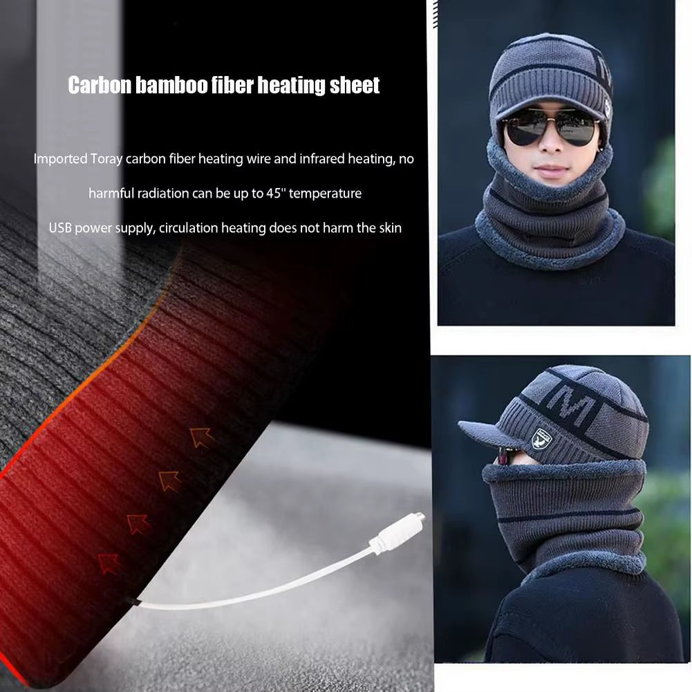 Electric Heated Hat Scarf Set USB Warm Hat Neck Warmer Cap Rechargeable Heated Knitting Beanie for Outdoor Mountaineering