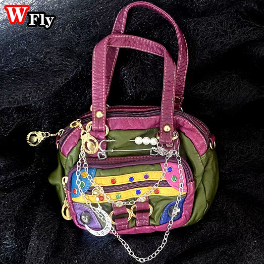 Women Retro Shoulder Bags Fashion Ornament Gem Pin PU Leather Crosses Bag Handbag Y2K Spice Girl Subculture Messenger Bag