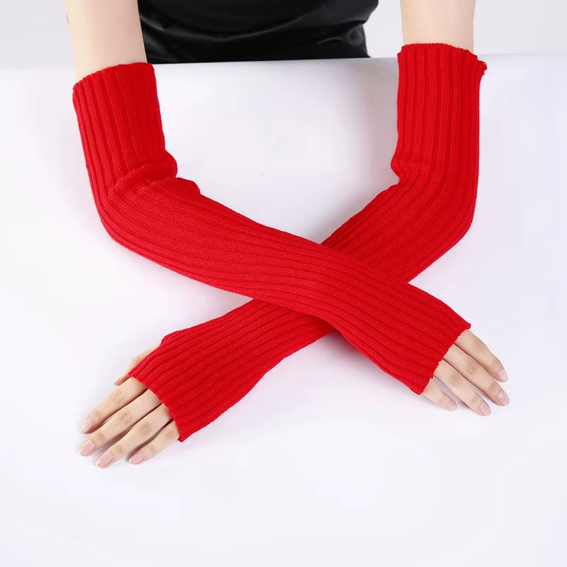 New Long Fingerless Gloves Womens Winter Warmer Knitted Arm Sleeve Fine Casual Soft Girl Goth Clothes Women Punk Gothic Gloves