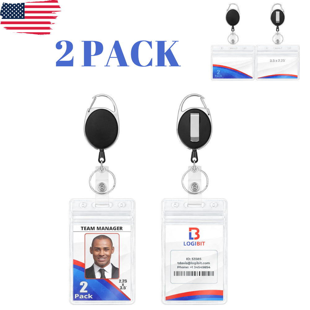 ID Badge Holder W/Retractable Reel Clip (Black, 2 Pack) Heavy Duty Name Card Ree