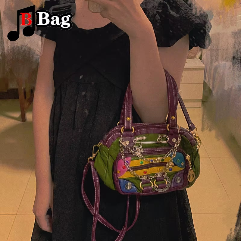 Women Retro Shoulder Bags Fashion Ornament Gem Pin PU Leather Crosses Bag Handbag Y2K Spice Girl Subculture Messenger Bag