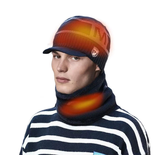 Electric Heated Hat Scarf Set USB Warm Hat Neck Warmer Cap Rechargeable Heated Knitting Beanie for Outdoor Mountaineering